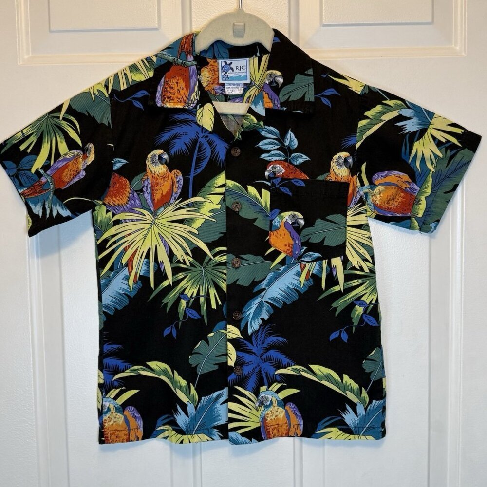 Vintage RJC Parrot Print YOUTH Sz 8 Button Up Hawaiian Tropical Shirt Made USA